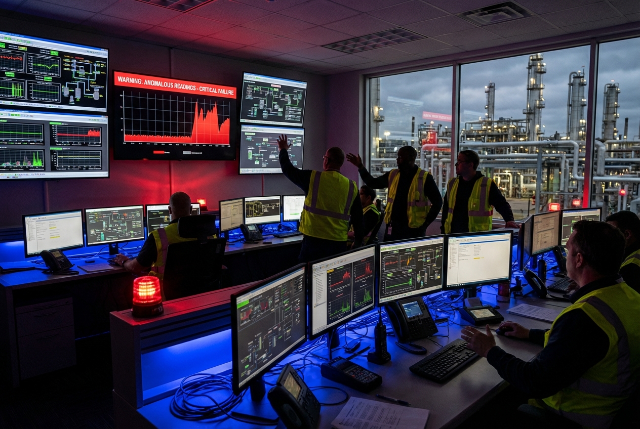 Industrial control room showing anomalous SCADA readings