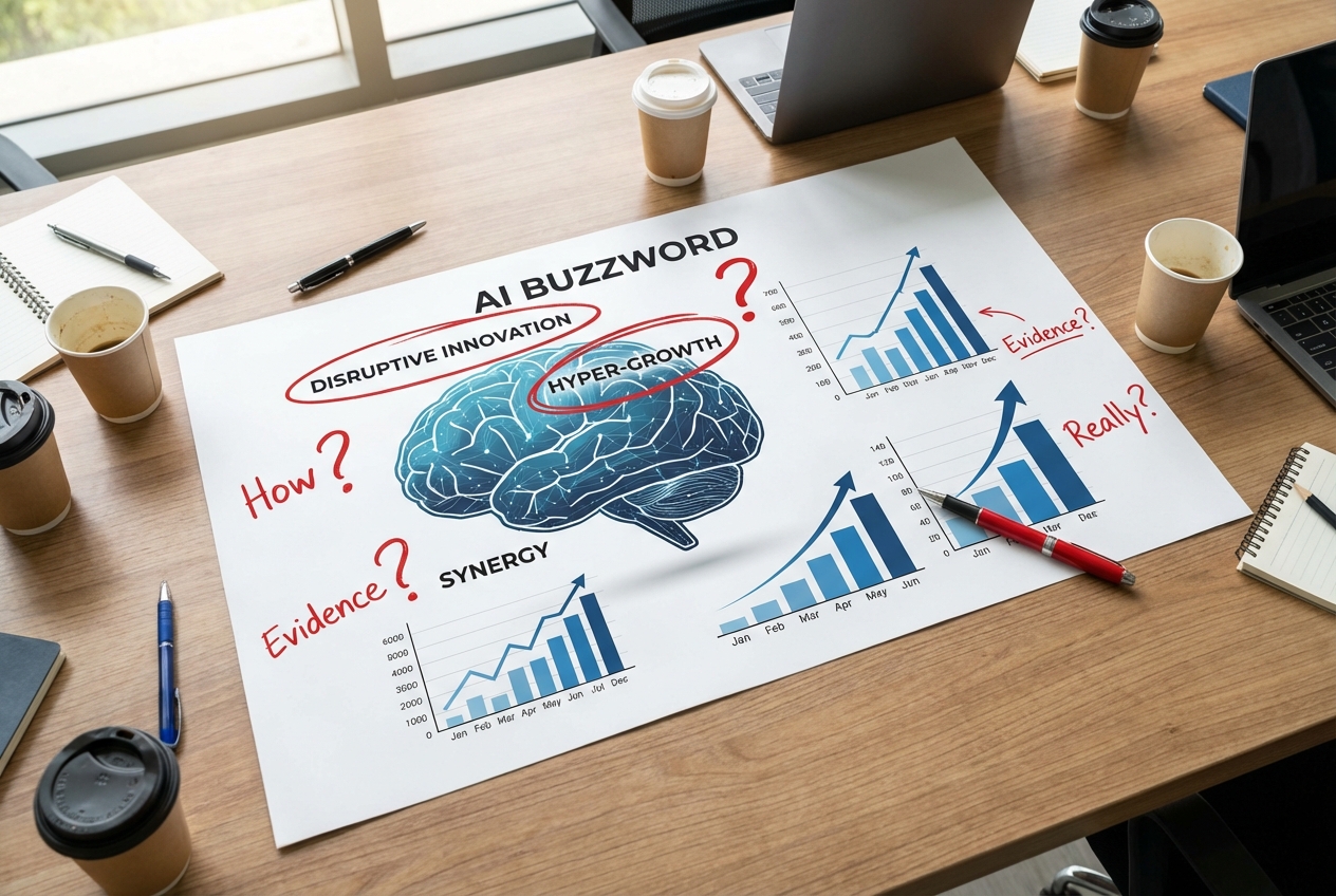 Pitch deck with AI claims marked with skeptical red pen