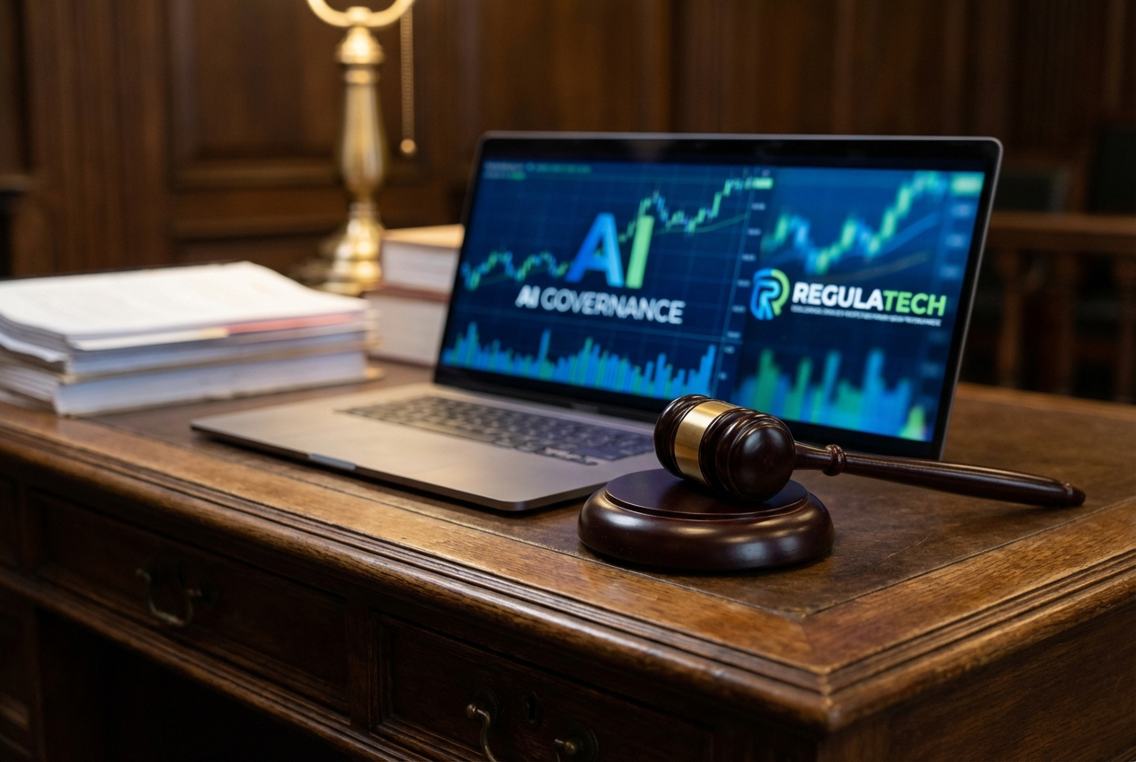 Judge's gavel next to laptop showing market data