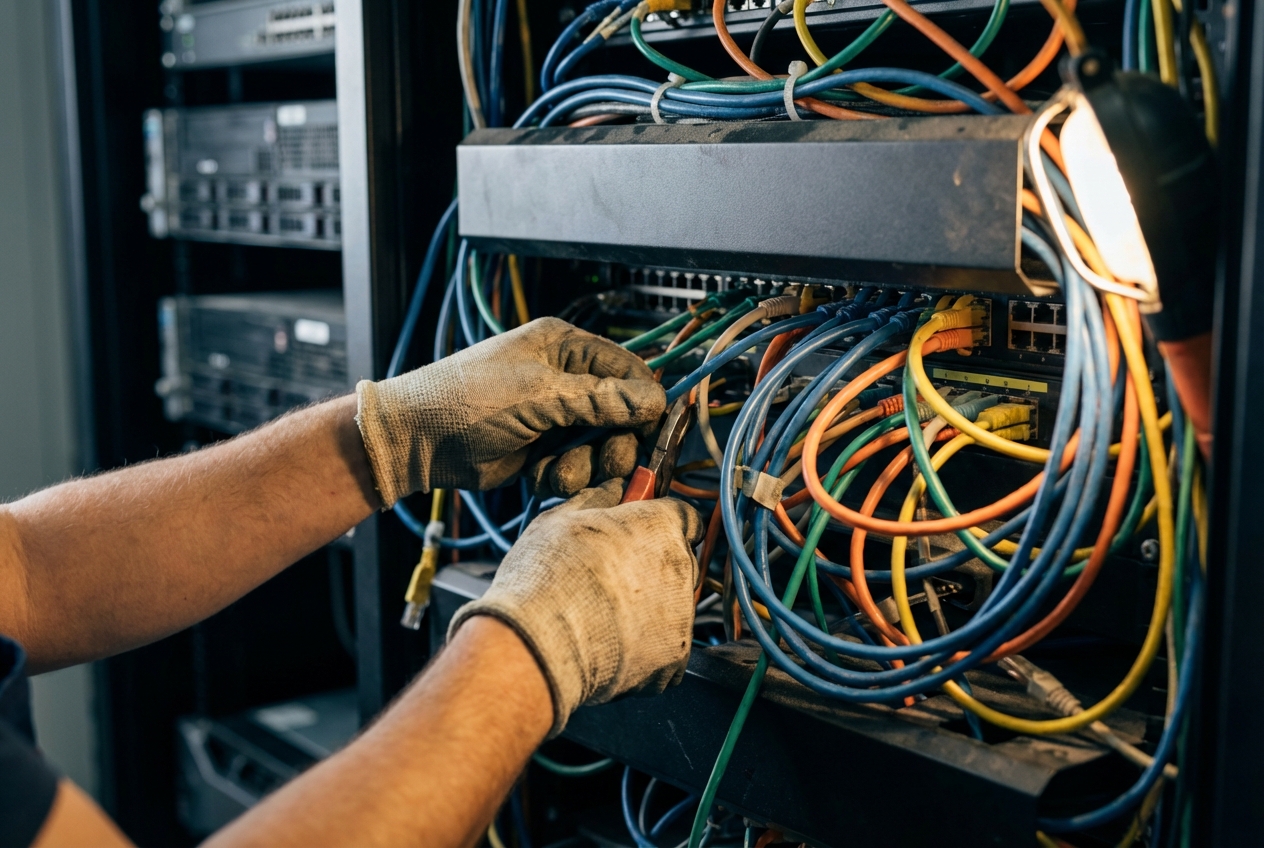 Hands working on integration cables behind server panel