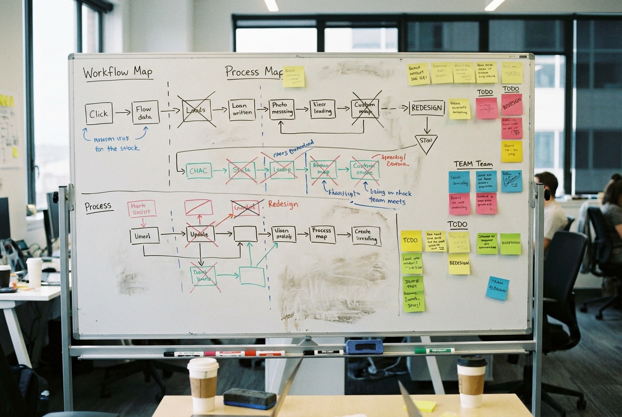 Whiteboard covered in workflow redesign diagrams