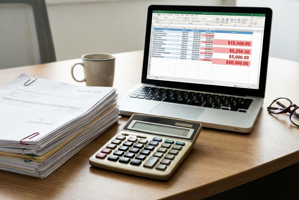 Calculator on a desk next to invoices and a laptop showing a spreadsheet with large dollar amounts highlighted in red