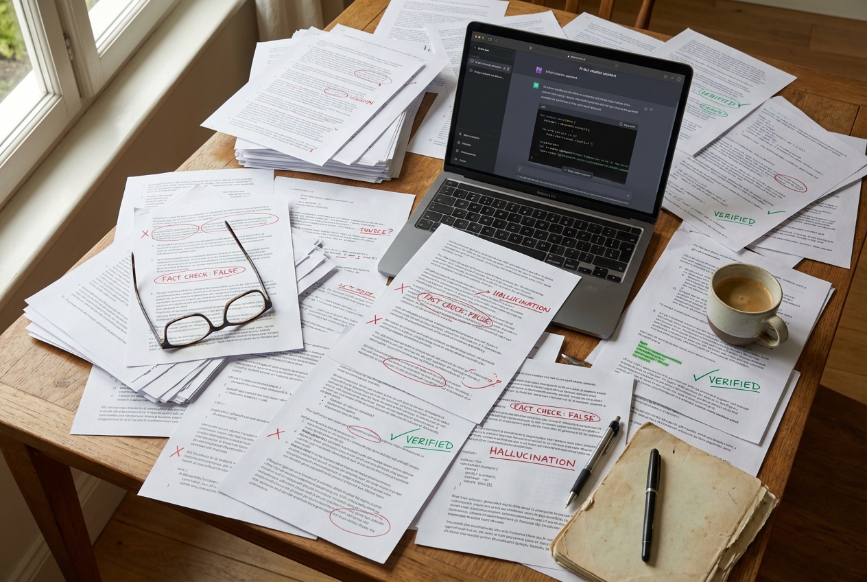 Overhead view of a desk covered in AI outputs with handwritten fact-check corrections in red and green ink