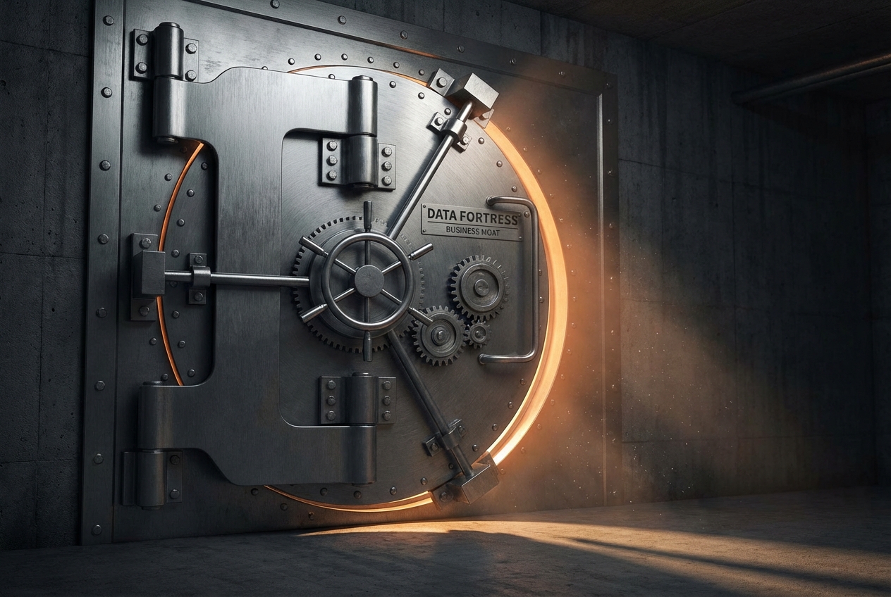 Steel vault door with warm glow, representing data moats
