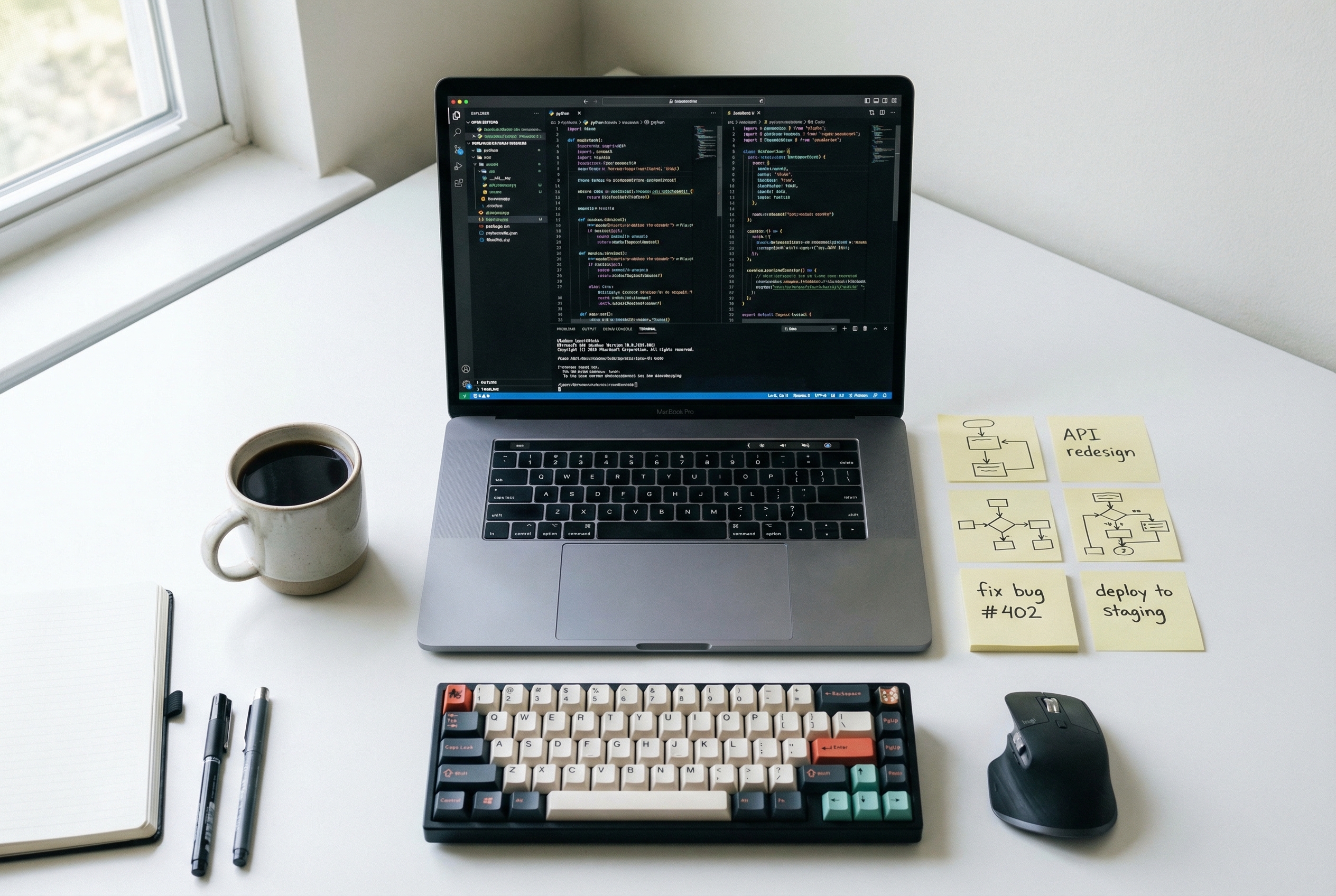 Developer desk from above with laptop, code, and coffee