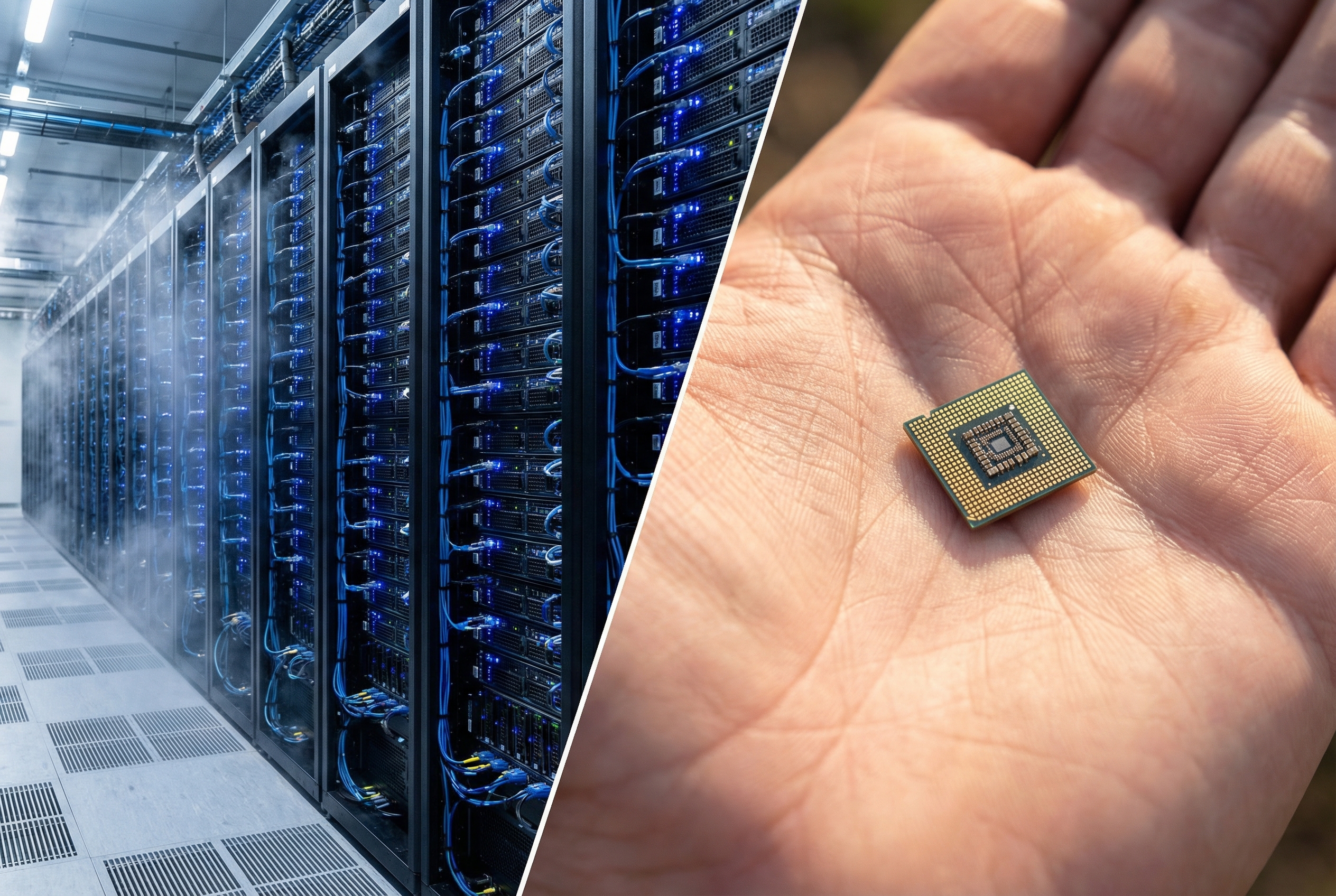 Contrast between massive data center and tiny AI chip