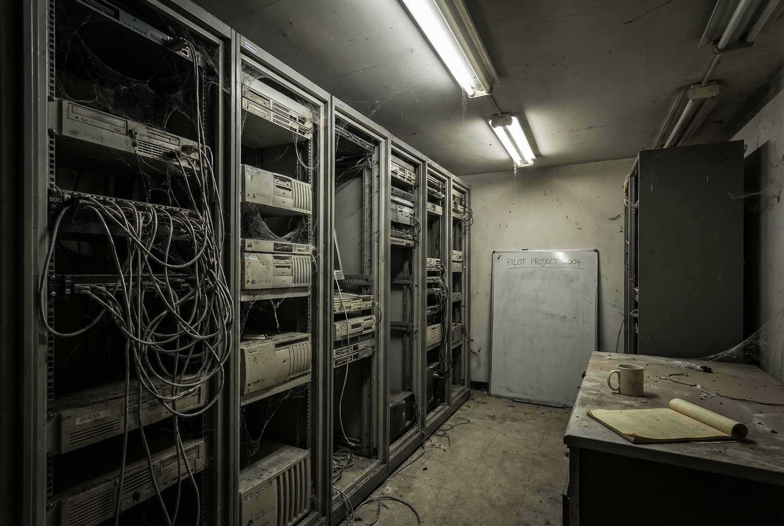 Abandoned server room with dusty equipment and pilot project labels