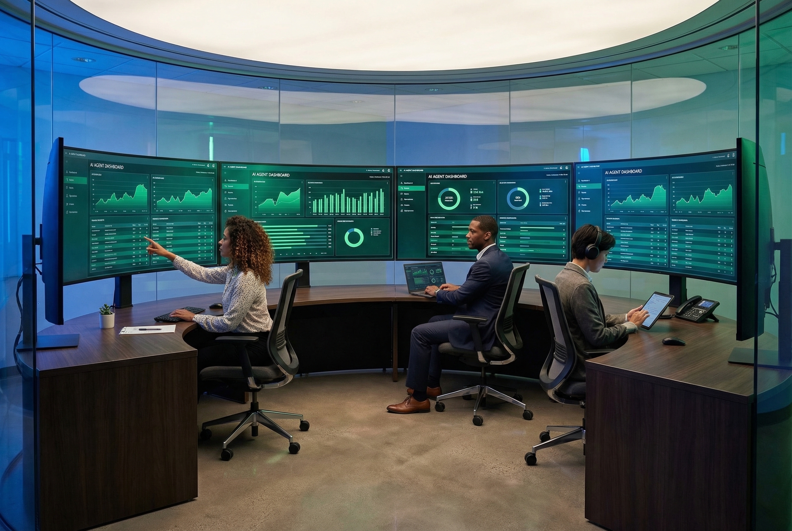 Modern operations center with AI dashboards showing green metrics