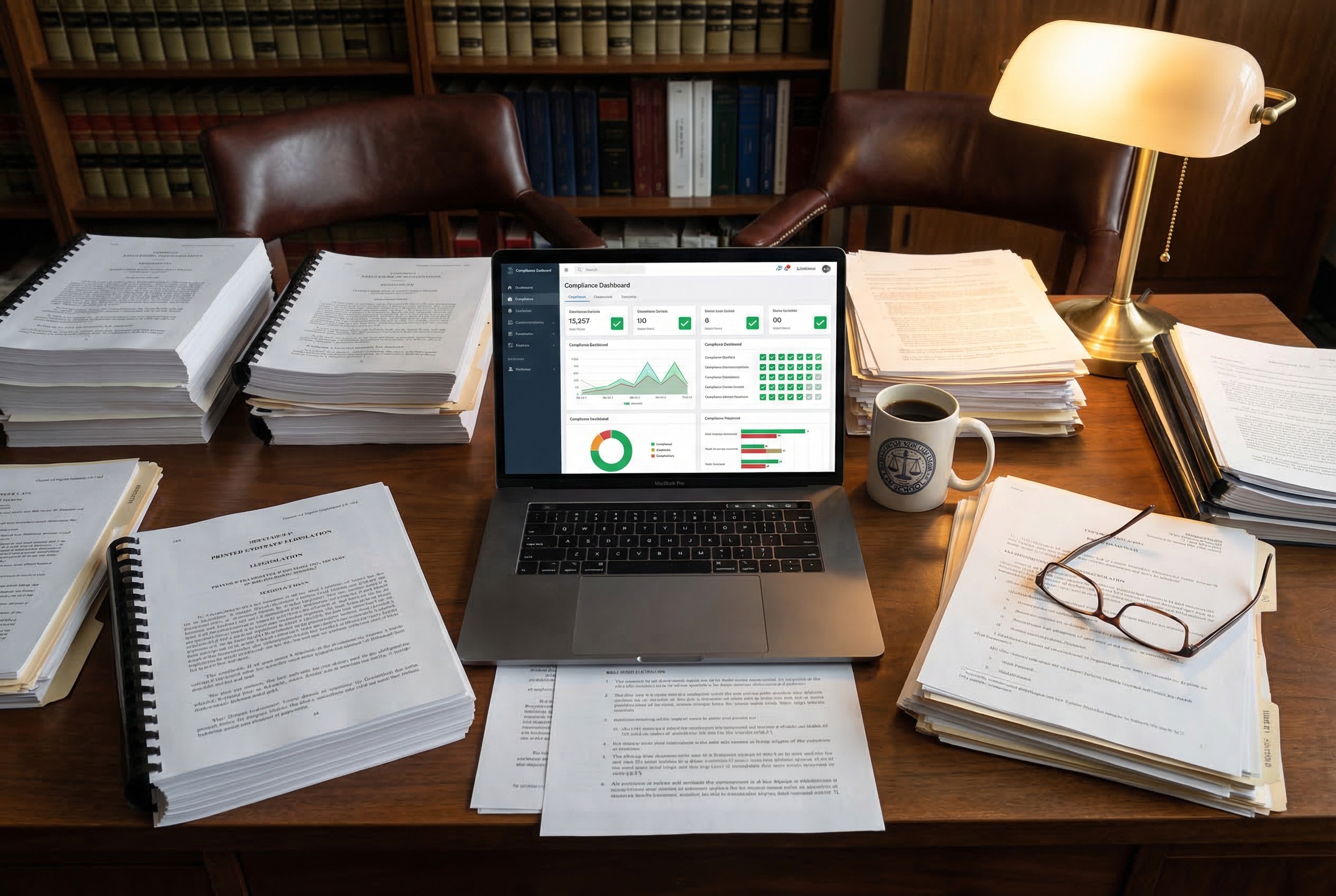 Lawyer's desk with compliance materials