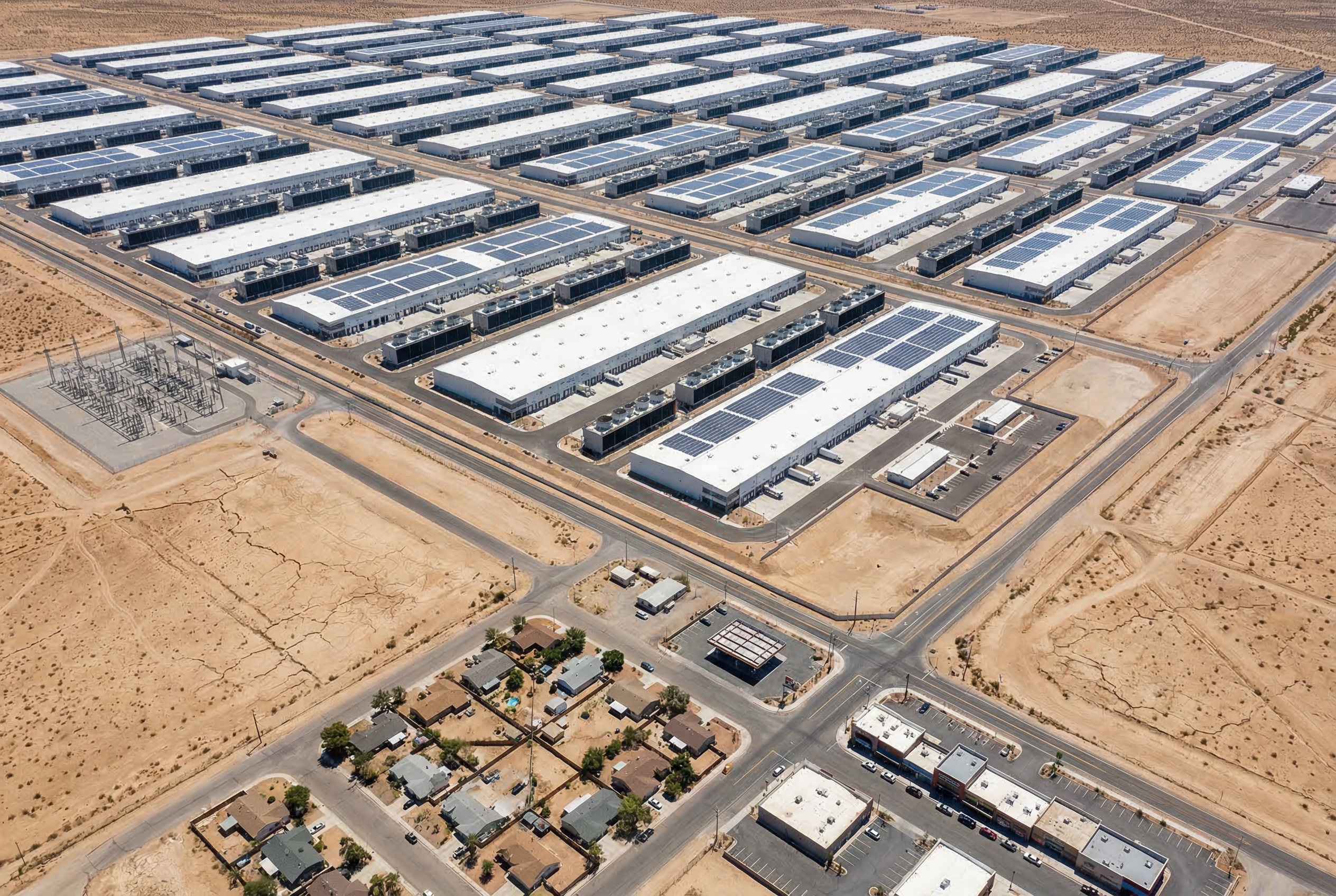Massive data center campus dwarfing surrounding buildings