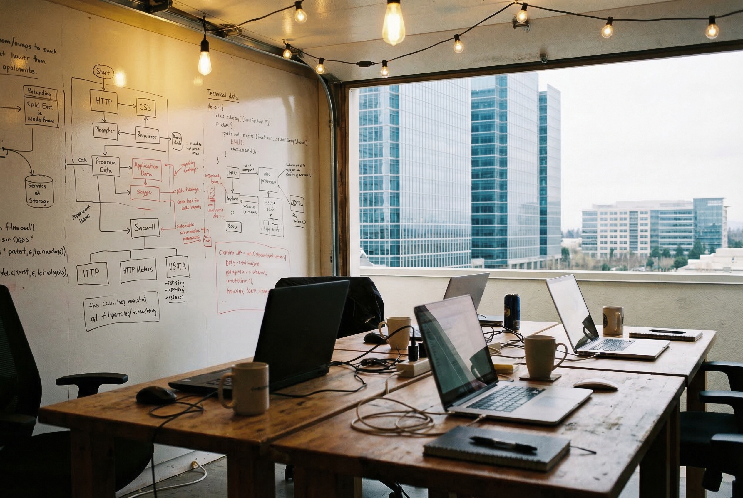 Small startup garage office with corporate towers visible through the window