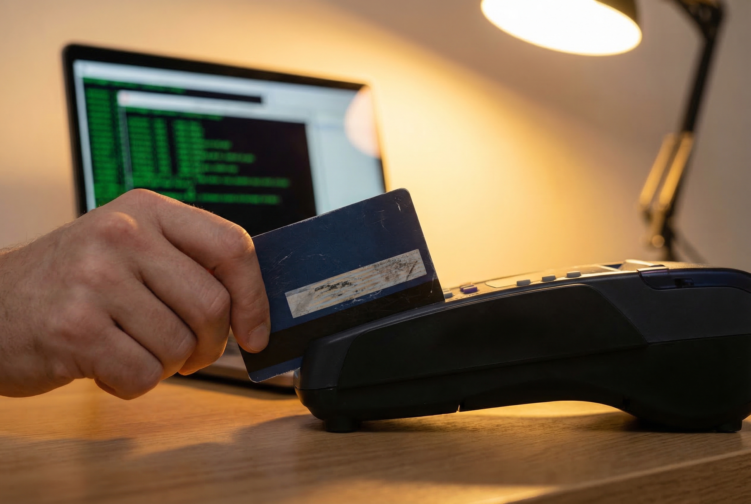 Credit card swipe with code in background